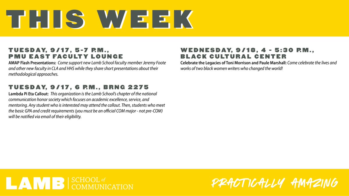 LambSchool's tweet photo. Research presentations, a callout, a fair, a local politics candidate forum - #ThisWeekNextWeek in the Lamb School is packed with a lot of excellent ways to make the most of your #LambSchoolLife! https://t.co/zEX9jshTqL