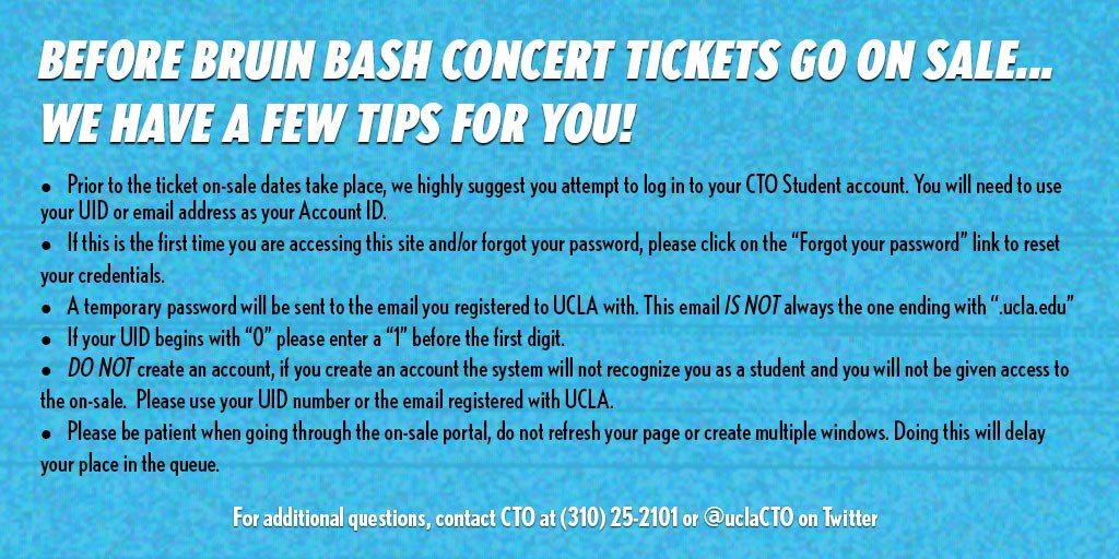 Ucla Central Ticket Office Before Bruin Bash Concert Tickets Go On Sale Today 9 16 At 10am Read Our Tips So You Can Secure Your Tickets T Co 5jwrwazyq0 T Co H5s114me0v Twitter