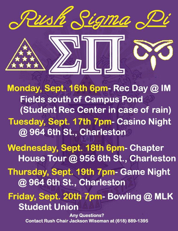 EIUSigmaPI's tweet photo. Our first Rush event starts today! Come hang out with the best Brotherhood on campus and join us at all our events this week! #RushSigmaPi 🦉 https://t.co/MUAxEbhKA6