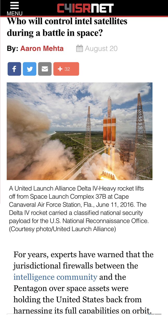 FIREWALL REMOVED.? “The intelligence community and Department of Defense have agreed to align U.S. Space Command and the [National Reconnaissance Office] into a new unified defense concept of operations at the National Space Defense Center,” Maguire said. https://www.c4isrnet.com/intel-geoint/2019/08/21/who-will-control-intel-satellites-during-a-battle-in-space/