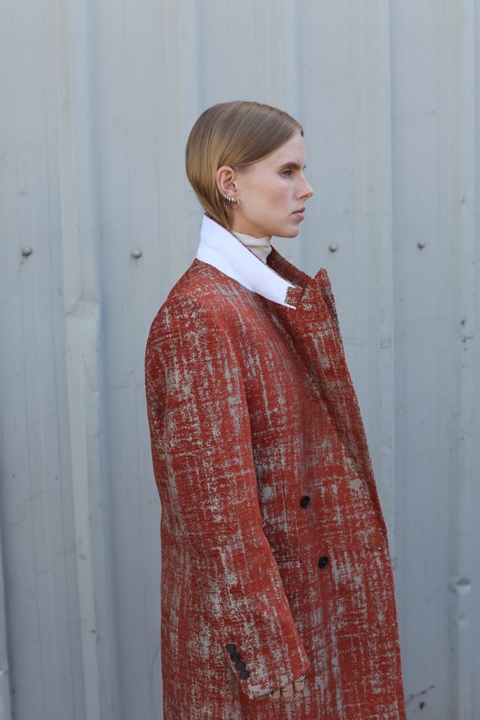 JUST IN - Lea wears our signature JADE double-breasted coat in Minerals Copper Jacquard. Exclusively available at our Chiltern Street store. #caselyhayford