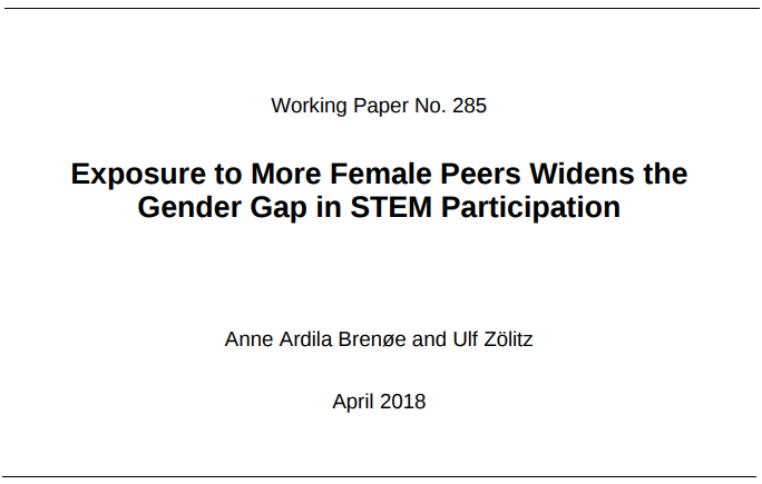  Quantas mais colegas do sexo feminino uma mulher tem na secundária, menor é a probabilidade de esta seguir um curso STEM. http://www.econ.uzh.ch/static/wp/econwp285.pdf