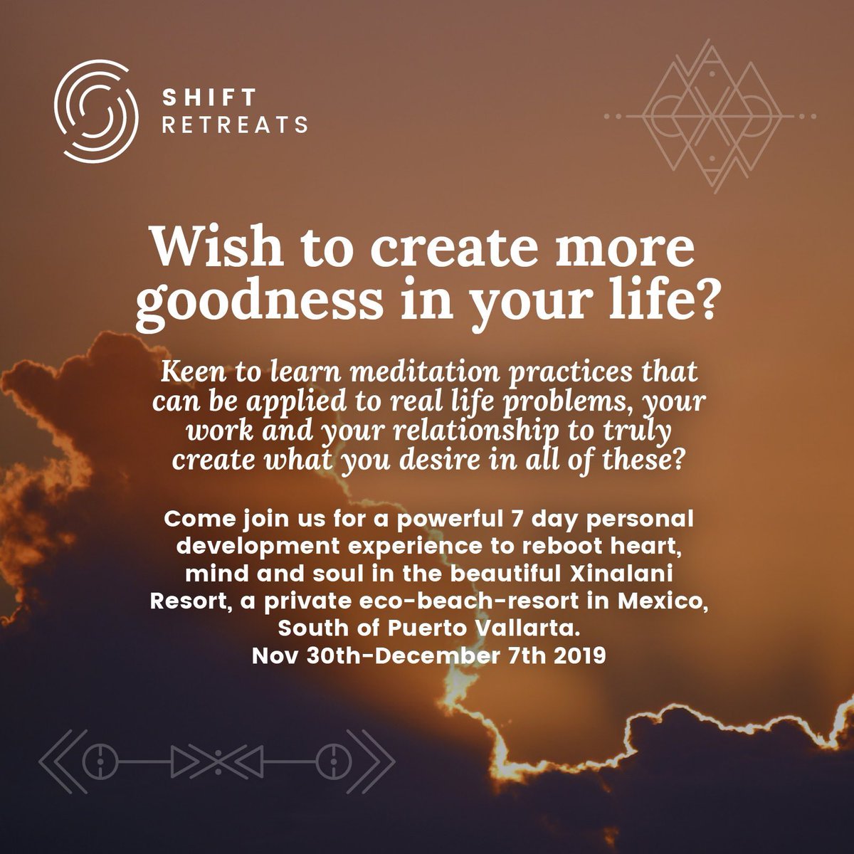 georgiadienst's tweet photo. Join us for a week of #meditation practises, #wellbeing, inspiring convo’s, #transformational exercises, beach walks &amp; relaxation @ the beautiful #XinalaniBeachResort in #PuertoVallarta Mexico. Reboot body, mind &amp; soul.Nov 30th-Dec 7th #ShiftRetreats https://t.co/k2qswEePn3 RT https://t.co/fahzGoJ96C