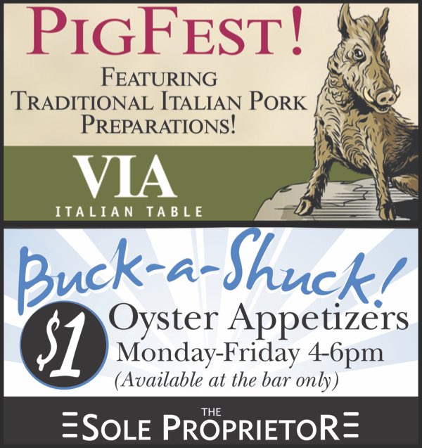 Worcester Restaurant Group’s Fall Promotions are back! Enjoy PigFest! at @VIAItalianTable and OysterFest! at @TheSoleProp now through November 3rd.

#pigfest #oysterfest #bestitalian #bestseafood #beststeakhouse #bestrestaurant #worcester #worcesterrestaurantgroup