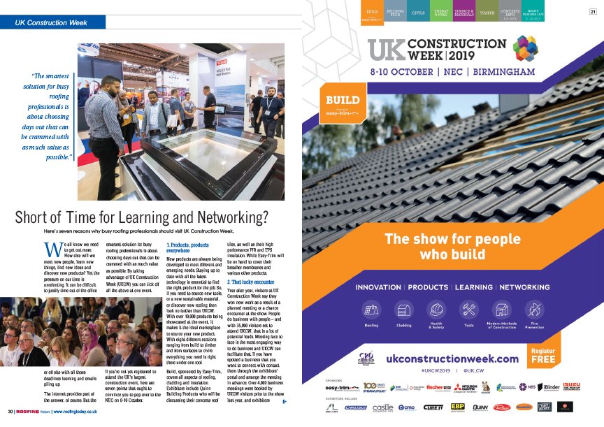 RoofingToday's tweet photo. Head over to the #Roofing Today website to find out why busy roofing professionals should visit @UK_CW - UK’s largest #construction #event. https://t.co/CGol5UkeN1 #RTSeptEd #Pg30 #UKCW2019 @EasyTrimRoofing @HertalanEPDM @CureItGRP @sundolitt_dk @cmostores @QuinnBPltd @ashandlacy https://t.co/kaYouDf4RD