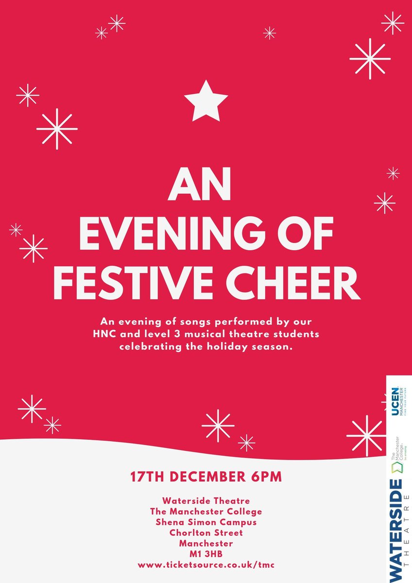 Are you planning your work's Xmas do? Why not join us for some festive cheer before heading out!
17th December at 6pm in the centre of Manchester we present 

An Evening of Festive Cheer

#Christmas #Party #Festive #Song #Cheers
<a href="/TheMcrCollege/">The Manchester College</a> <a href="/canalstmancs/">Canal Street 🏳️‍🌈</a> <a href="/ucenmcr/">UCEN Manchester</a>