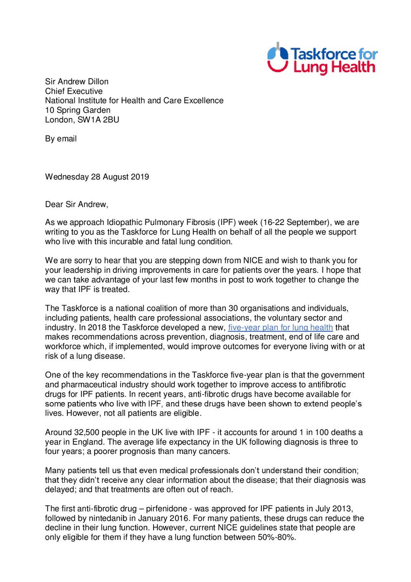 We’re asking NICE’s chief to help more people with IPF get earlier access to drugs that could extend their lives. NICE limits on who gets them mean patients have to wait until their disease gets worse – a terrible situation given IPF’s very limited life expectancy. #IPFWeek