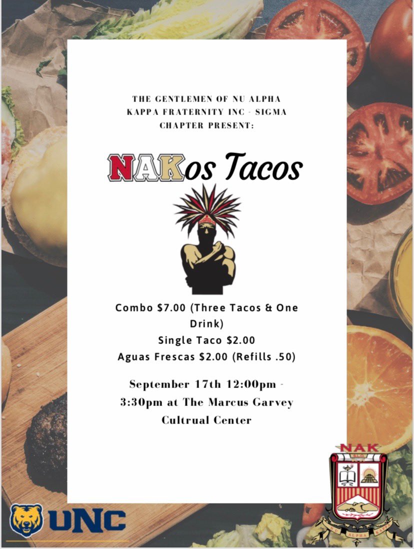 SIGMANAK's tweet photo. Join us tomorrow for our annual NAKOS TACOS! Marcus Garvey Cultural Center from 12-3. https://t.co/9w0FS7Vqc7