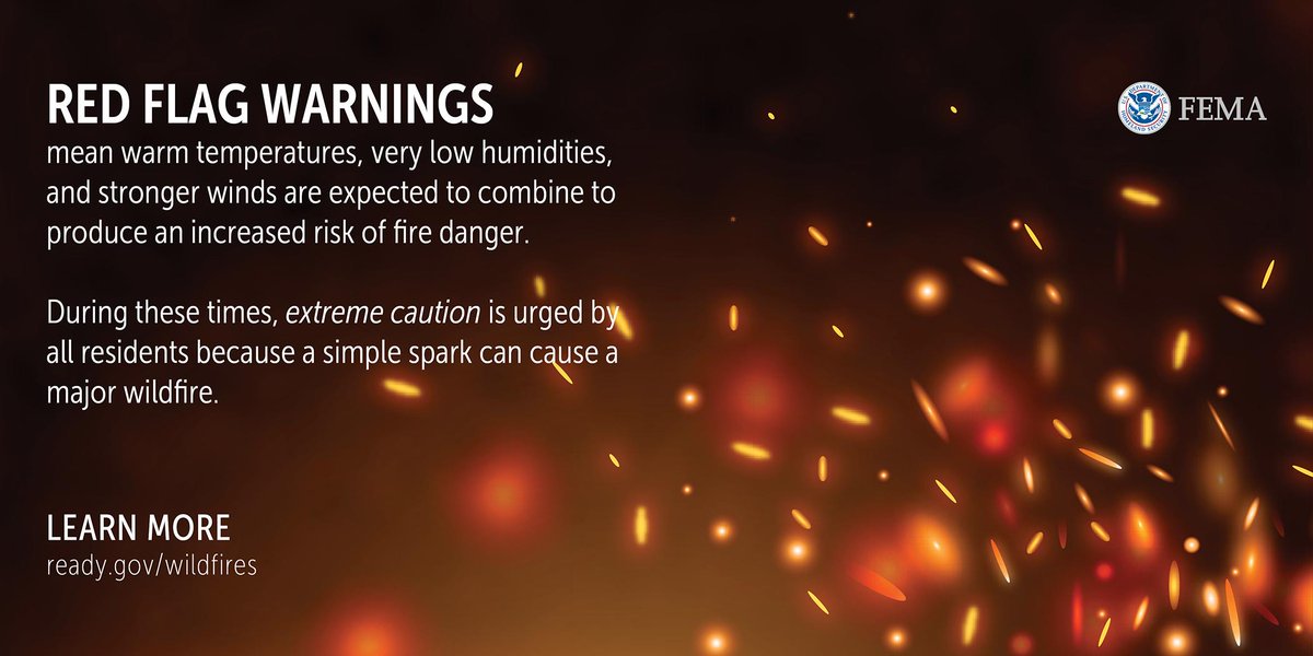 femaregion8's tweet photo. Warm, dry, and windy conditions today = the fire threat is HIGH! 

🏕️ Avoid lighting campfires.

🍂 Clear dead weeds and vegetation.

🚗 Maintain your vehicle to prevent sparks.

📞 Report any suspicious activities to prevent arson.

More information: https://t.co/h3u6Fobsrn https://t.co/8LtaZzpbdl
