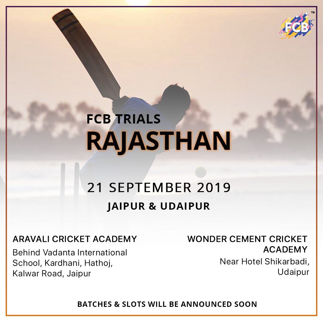 FeritCricBash's tweet photo. #Cricket #CricketMeriJaan #indiancricketteam #badeziddi #fcbtrials #CricketNews Hello Rajashtan Players !!
Trials in your state are scheduled on 21st Sept at Jaipur and Udaipur. Slots &amp; batch timings will be communicated soon.
All the Best !!
Team FCB https://t.co/mziCgOdiSR