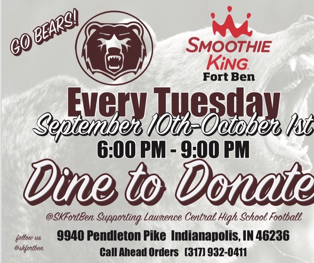 LCBEARSHUDDLEC1's tweet photo. #bearnation tomorrow letβs Support the #lcbearsfootball at @SmoothieKing #GoLCBears. Stop by Fort Ben Smoothie King every Tues, Sep 17 thru October 1, 6 PM-9 PM. Mention LC Football. Call ahead orders welcome at 317-932-0411. 9940 Pendleton Pike, Suite A https://t.co/0RzQCOBeXn