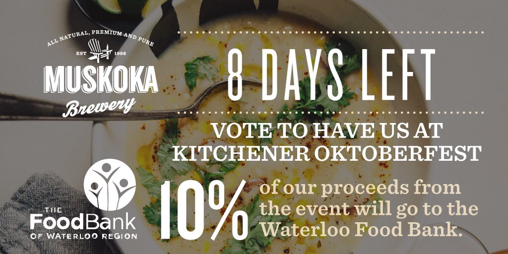 The countdown is on! Only eight days left to vote <a href="/MuskokaBrewery/">MuskokaBrewery</a> into <a href="/Bingemans/">Bingemans</a> Oktoberfest. If we make it to the top two, we promise to donate 10% of the proceeds to the @WatRegionFoodBank. Every $1 provides 3 meals to those in need.  Prost