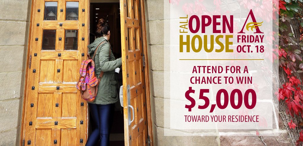 MountAllison's tweet photo. Discover all the benefits of our small, tight-knit university community during Open House happening Friday, October 18!

Attend for a chance to win $5,000 toward your residence and other great MtA prizes ― registration now open: https://t.co/v3oXpjXv7B #MtAOpenHouse https://t.co/WxZMa3mcVk