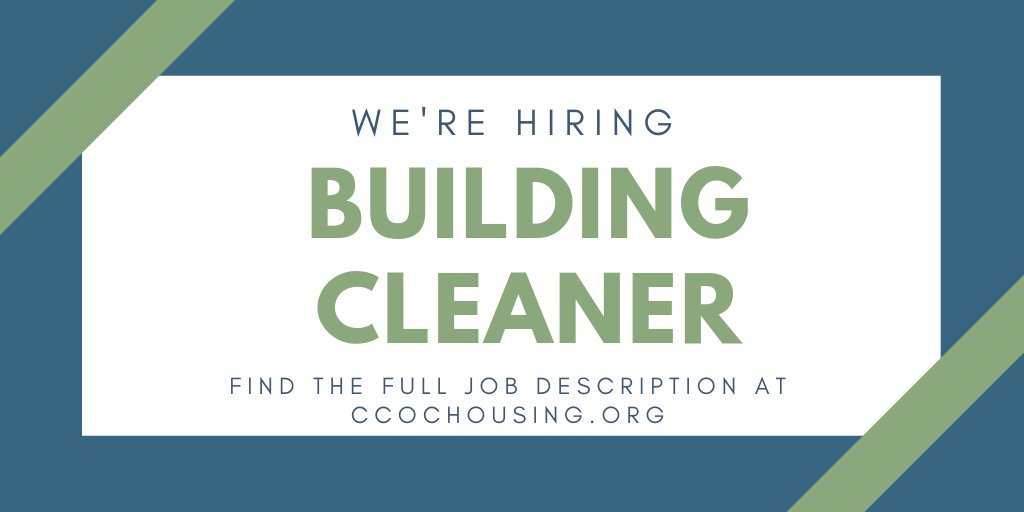 CCOChousing's tweet image. We're hiring two building cleaners! Could one of them be you? ccochousing.org/about-us/caree…