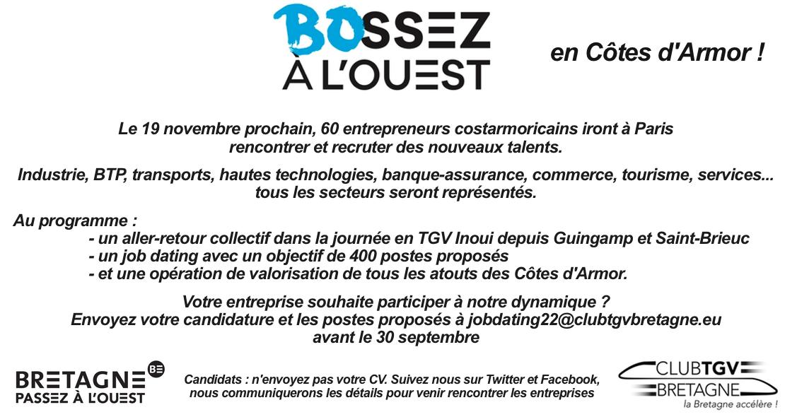 Parmi les atouts de la Bretagne et de ses entreprises, l'accessibilité TGV. Alors, ensemble, nous venons à Paris chercher des nouveaux talents pour les aider à passer le cap et à changer de vie. Le 19 novembre à Paris, ce sera le tour des Costarmoricains 😉