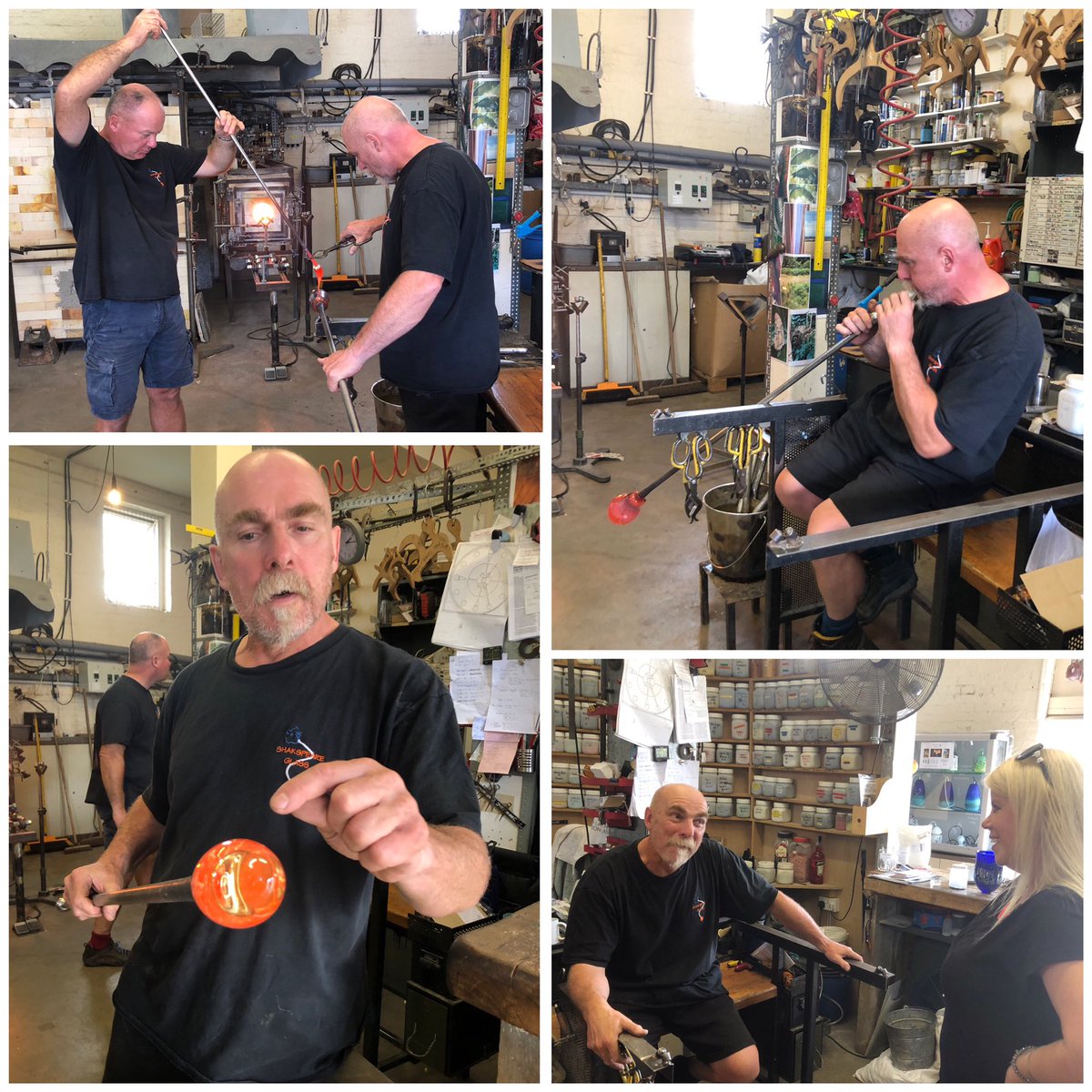 SomersetCool's tweet photo. Brilliant afternoon trying my hand at glassblowing @ShakspeareGlass with glass guru Will Shakspeare. Will makes it look effortless. I made it look hilarious 🤣 but it was lots of fun. So much skill goes into creating their gorgeous glassware &amp; it’ll be part of our #artweeks #blog https://t.co/ph0W1VW6cf