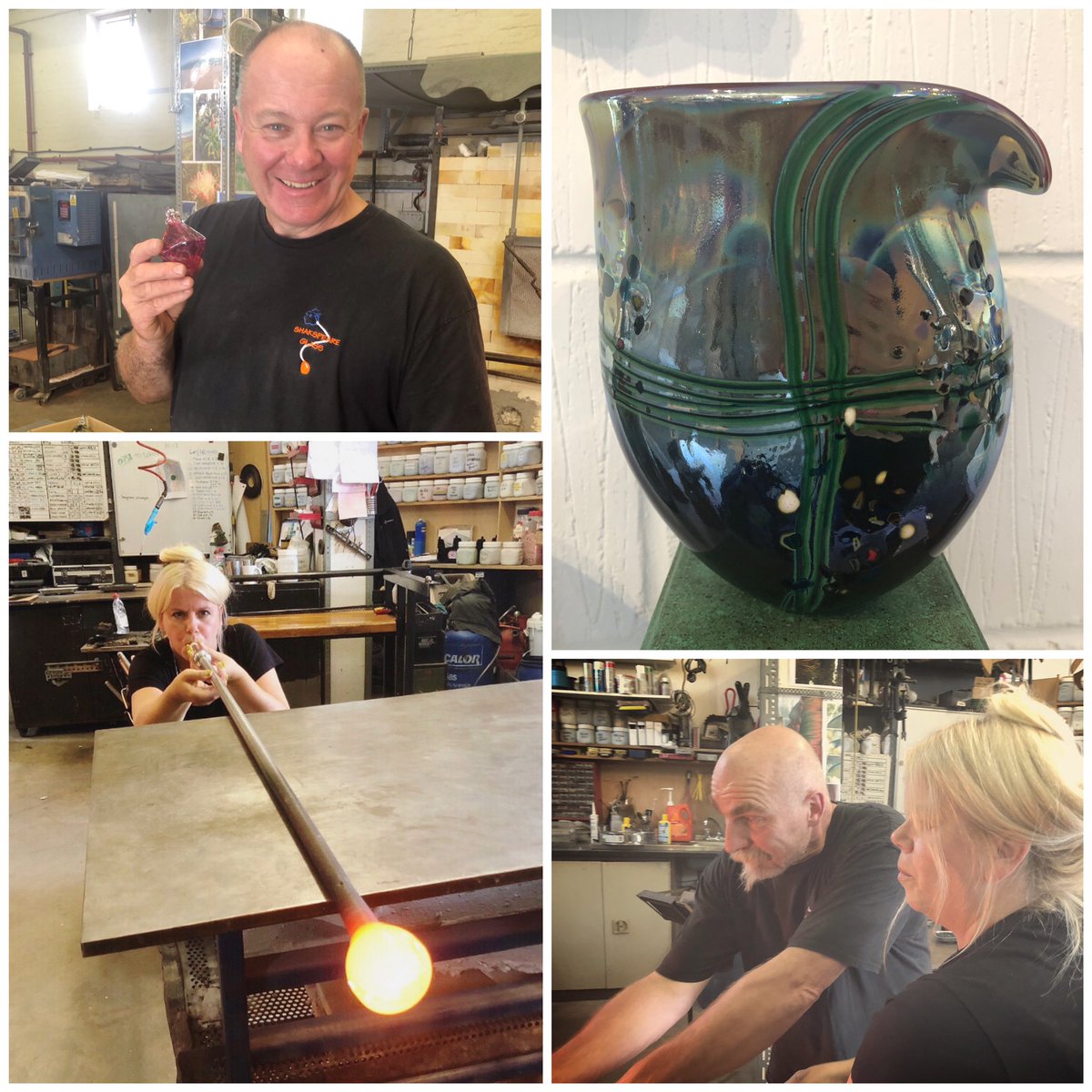 SomersetCool's tweet photo. Brilliant afternoon trying my hand at glassblowing @ShakspeareGlass with glass guru Will Shakspeare. Will makes it look effortless. I made it look hilarious 🤣 but it was lots of fun. So much skill goes into creating their gorgeous glassware &amp; it’ll be part of our #artweeks #blog https://t.co/ph0W1VW6cf