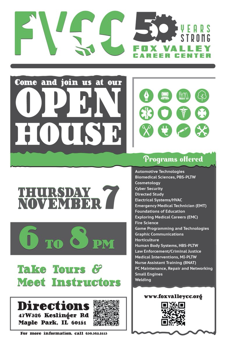 FoxValleyCareer's tweet photo. Join us for our OPEN HOUSE on Thursday November 7, 2019, It is Fox Valley's 50th Anniversary! If you are an Alumni we would love to see you, and what you are doing now. If you know what we are and just want to take a tour please do so if you have no idea this is your chance. https://t.co/378nGEhDyz