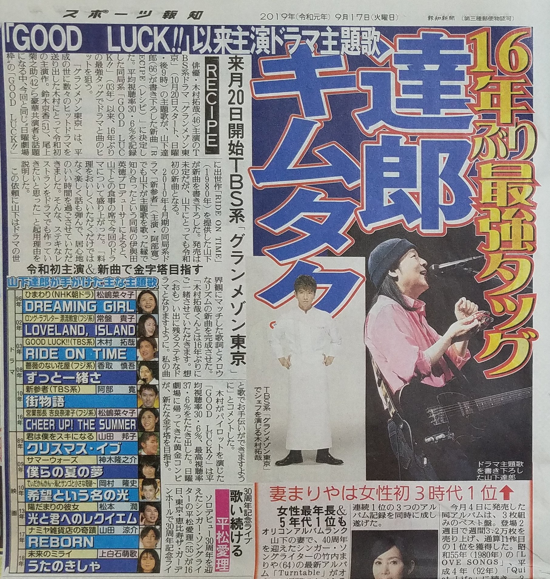 توییتر ちゅら در توییتر 木村拓哉さん主演のtbsドラマ グランメゾン東京 10月日スタート 日曜午後9時 の主題歌が 山下達郎さんが書き下ろした新曲 Recipe レシピ に決定した スポーツ報知 T Co 0nmjkw7a3i