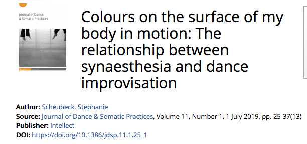 Steph_Scheubeck's tweet photo. My article ‘Colours on the surface of my body in motion: The relationship between synaesthesia and dance improvisation’ - now published by INTELLECT Journal of Dance and Somatic Practices (Vol 11: 1) 
https://t.co/6E1MbcRc1W

#JDSP #synaesthesia #joy #sharing #process #resonances https://t.co/OMM1MMapsI