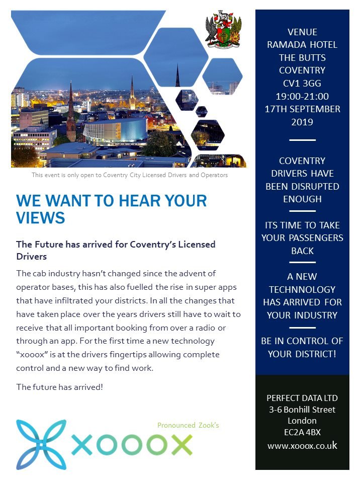 XOOOXApp's tweet photo. Want to hear about more about how #xooox works? If you're a #privatehire operator or driver in Coventry, drop by our seminar TOMORROW Tuesday 17th at 7pm @RamadaCoventry
 
More details of the event in the flyer below 🚘

#Coventry #Coventrycabs #operators #drivers https://t.co/xDX8NGmKYE