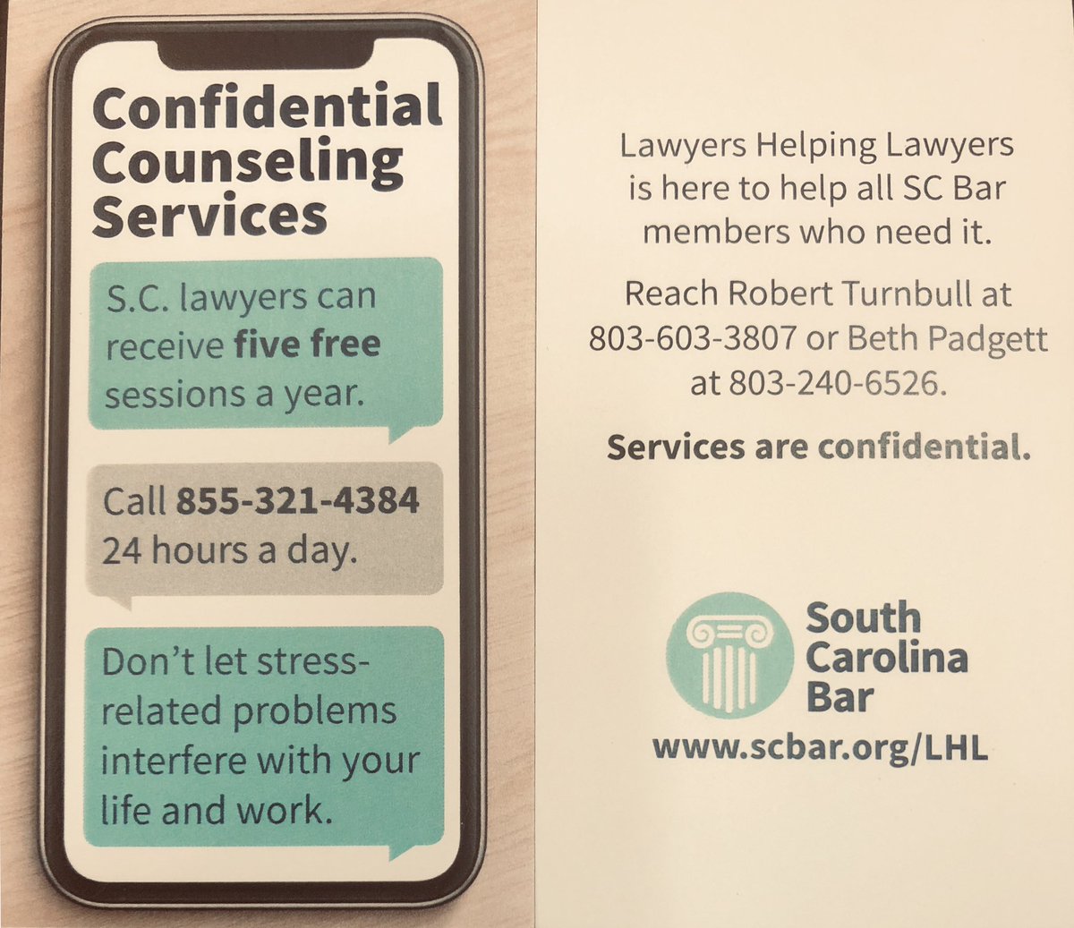 Proud of the <a href="/SCBAR/">South Carolina Bar</a> Association for offering this important “free” counseling service to South Carolina lawyers! Let me see some “likes” and “retweets” to spread the word.