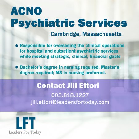 Leaders4Today's tweet photo. We are seeking an ACNO - Psychiatric Services for a facility in the Boston area! Please reach out to Jill Ettori (jill.ettori@leadersfortoday.com) for more information on this exciting position. #acno #psychiatricservices #psych #leadersfortoday https://t.co/iolQPVyzK8