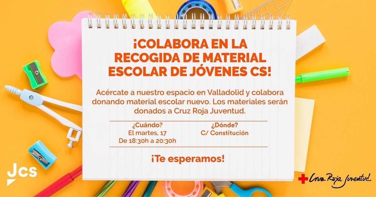 JcsCyL's tweet photo. ➡️Este martes continuamos con la recogida de #MaterialEscolarJcs con nuestros Jóvenes de @CsValladolid. 📚🎒✏️
📌¿Dónde? En la Calle Constitución.
⏰ ¿Cuándo? De 18:30 a 20:30h.
¡Os esperamos! 😉 @CRE_Juventud https://t.co/HzWweNuYt8