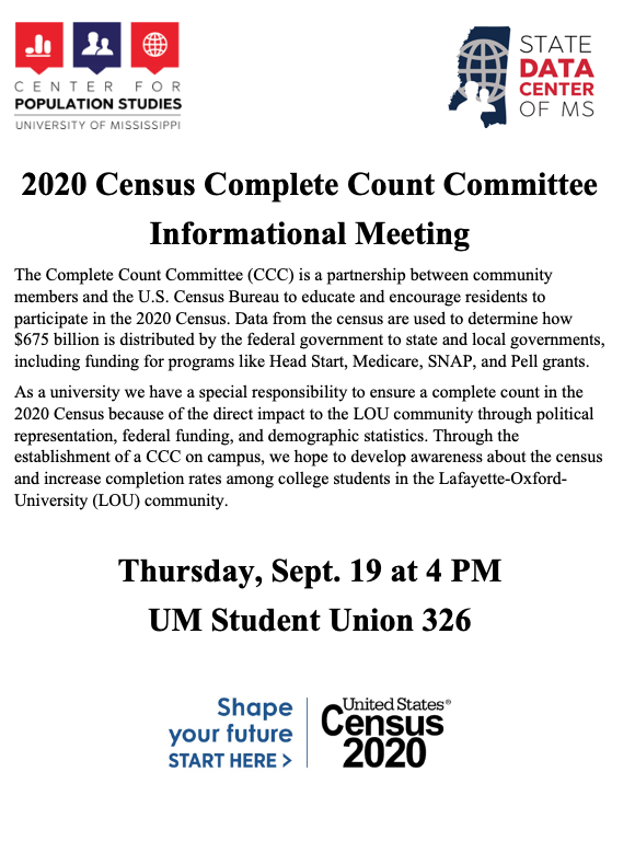Another week, another great opportunity to become involved with the 2020 Census! We hope you will join us this Thursday, Sept. 19 at 4 PM in UM Student Union 326 to learn about a Complete Count Committee for our L-O-U community.