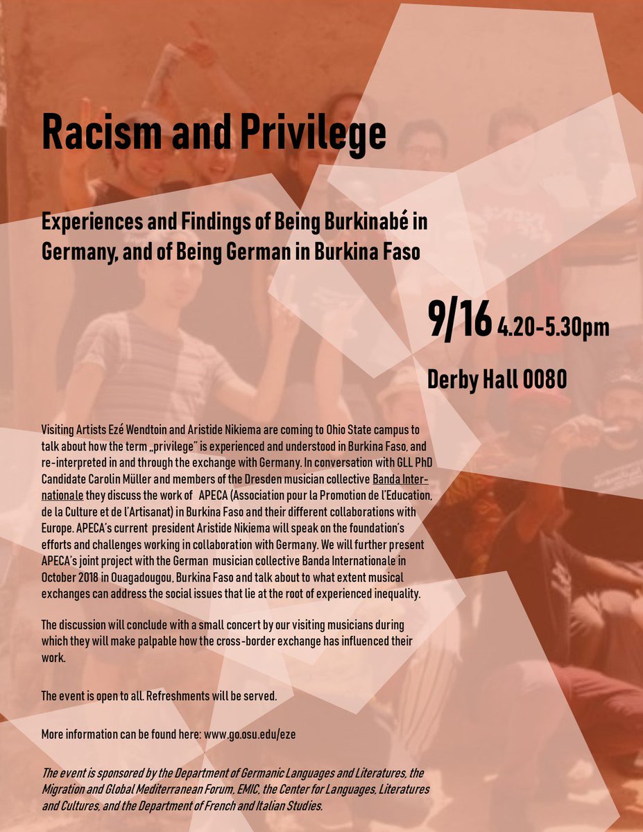 Come and see us this afternoon! Roundtable: Racism & Privilege in Cross-Border Music Exchanges
With @EzeWendtoin,Aristide Nikiema&Martin Schulze from @blazmuzik

@OSULibrary @MESC_OSU @OSUanthro @blazmuzik @WGSST_OSU @MCC_OSU @OSUGlobal @TheLantern @mershoncenter @OhioStateMusic