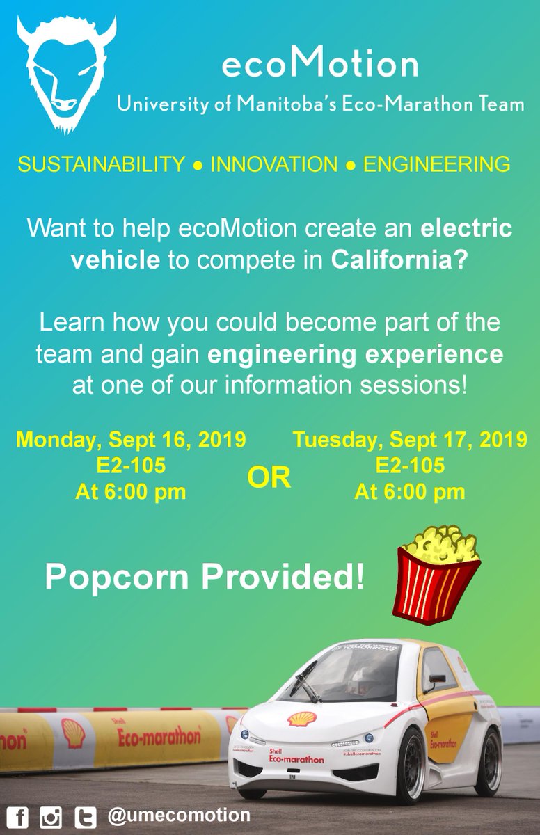 UMecoMotion's tweet photo. Want to learn more about how you can help the UM ecoMotion team in building the most efficient, renewable powered electric vehicle? Then don't forget to come to our info session tonight (September 16th) at 6PM in E2-105. There will be FREE POPCORN for everyone! https://t.co/IVxRXUJyLL