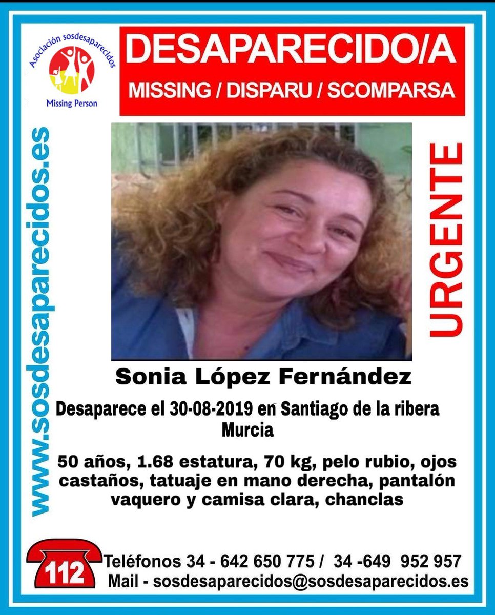 🆘URGENTE⚠
Sonia ha #desaparecido en Santiago de La Ribera #Murcia. ¿La has visto? Llama:
☎️ #062 
☎️ 091
☎️112
Tu RT no cuesta nada y ayudar a su localización.