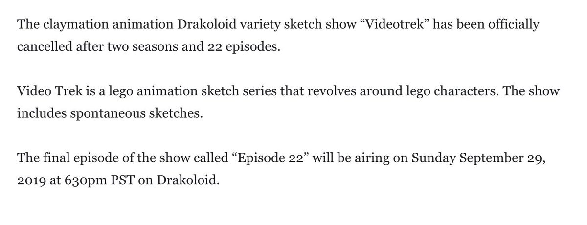 DrakoloidPress's tweet photo. Videotrek is Cancelled after two seasons.

Series Finale "Episode 22" airs Sunday September 22, 2019 at 630pm PST on @Drakoloid https://t.co/UjkW8e80F3