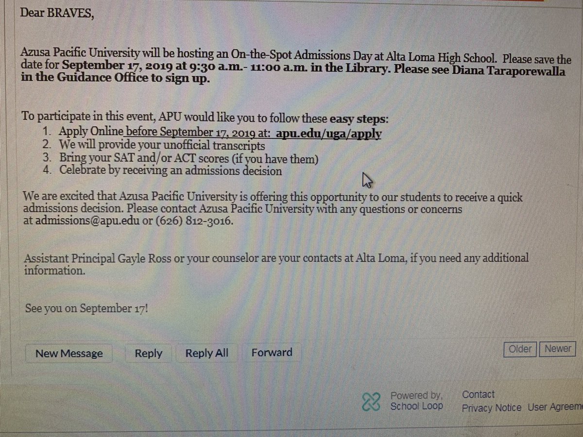 Senior Braves! Don’t forget today is the last day to sign up for on the spot admission for Azusa Pacific In the Guidance office! <a href="/AdamStites1/">Adam Stites, Ed.D.</a> <a href="/AltaLomaHigh/">Principal</a>