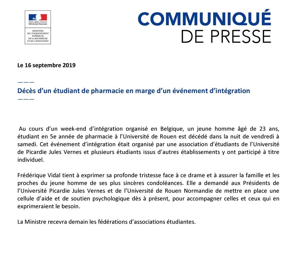 Frédérique Vidal (@vidalfrederique) on Twitter photo J'adresse mes sincères condoléances à la famille et aux proches du jeune homme décédé lors d'un weekend d'intégration samedi. Une cellule d’aide et de soutien psychologique a été mise en place à <a href="/univrouen/">Université de Rouen Normandie</a> et @upjv. Je recevrai demain les fédérations d’associations étudiantes. J'adresse mes sincères condoléances à la famille et aux proches du jeune homme décédé lors d'un weekend d'intégration samedi. Une cellule d’aide et de soutien psychologique a été mise en place à <a href="/univrouen/">Université de Rouen Normandie</a> et @upjv. Je recevrai demain les fédérations d’associations étudiantes.