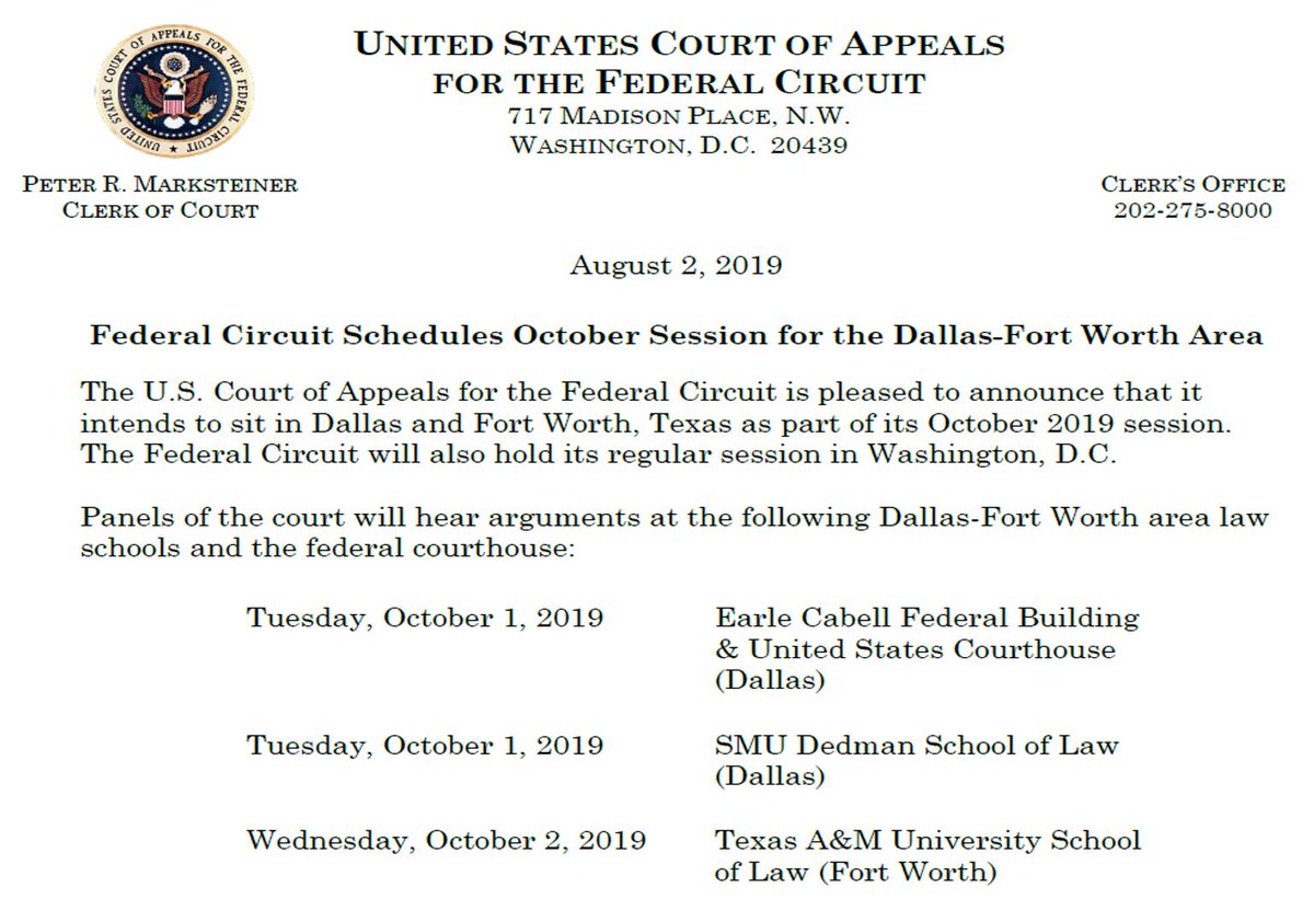 TAMUclip's tweet photo. Very excited to have US Court of Appeals for Federal Circuit #CAFC visit District Court for #NDTx @SMULawSchool and @TAMULawSchool as part of its October 2019 session @SMUTsaiCenter https://t.co/zMrLDkq02A https://t.co/jpHXNi350p
