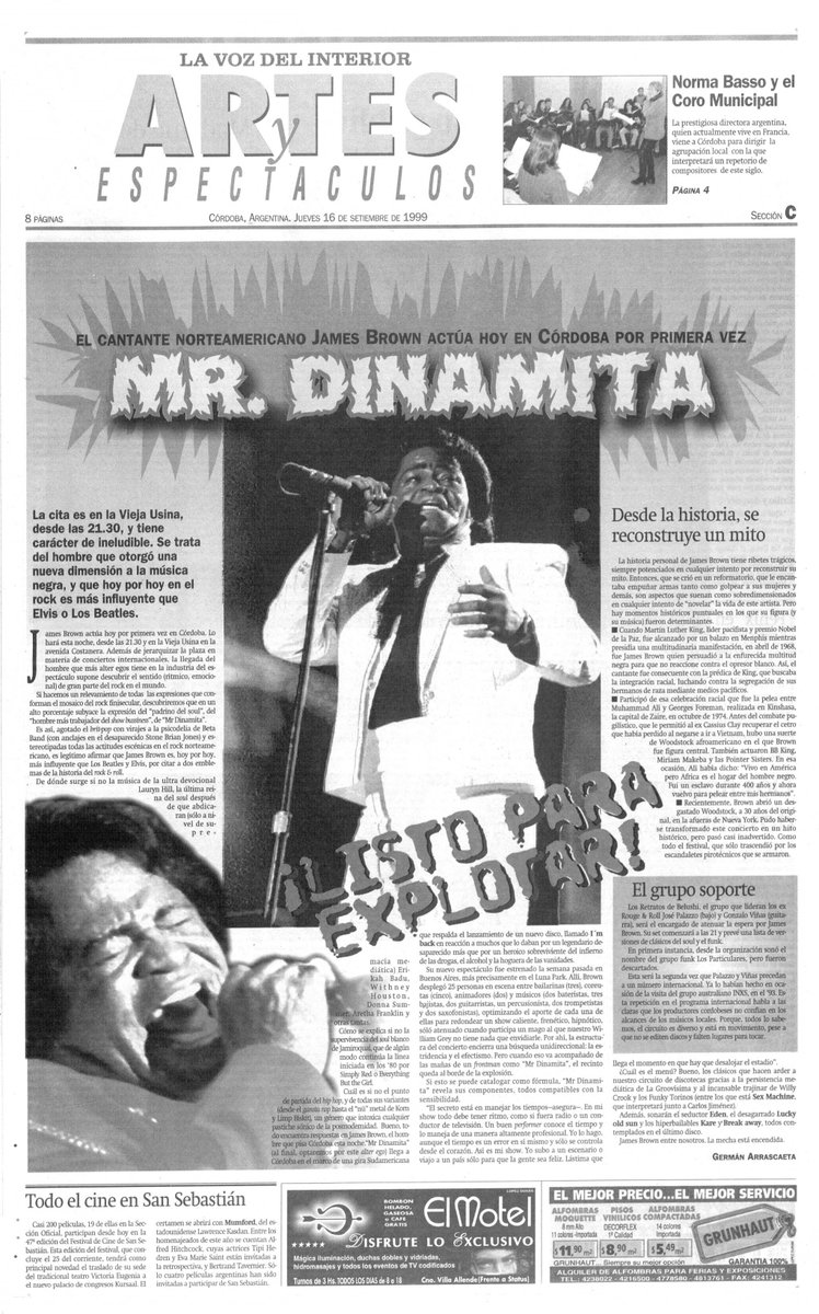 Hace 20 años (16/9/1999), James Brown actuó en Córdoba. Al "padrino del soul" lo vieron alrededor de 3 mil personas en la entonces Vieja Usina. Musicalmente influyó a muchas bandas. Tapa del día de su presentación en <a href="/LAVOZcomar/">LAVOZcomar</a>