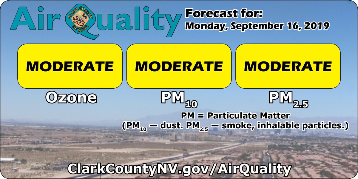 ClarkCountyDES's tweet image. Happy Monday! We are under an #AirQuality #DustAdvisory today. We expect ozone and particulate matter (dust, etc.) to be in the MODERATE range as a strong weather system moves through the region. Go to our Forecast page for more: bit.ly/2vrSuTv