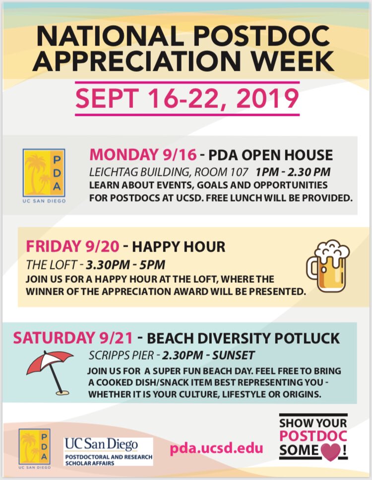 UCSDPDA's tweet photo. Happy Postdoc Appreciation Week, postdocs!!! We appreciate you!!! Join us this week as we celebrate your hard work!
#PostdocAppreciationWeek #UCSDpostdocs #postdoclife https://t.co/AdJRsjaR8a
