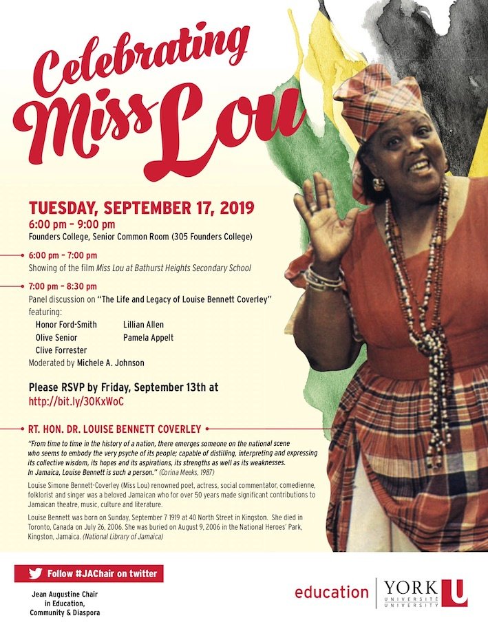 York University Education on X: Celebrating the 100th anniversary of the  birth of Jamaican poet and cultural icon Louise Bennett Coverley, (“Miss Lou”)  with the #JAChair at #YorkU tomorrow Tues, Sept 17