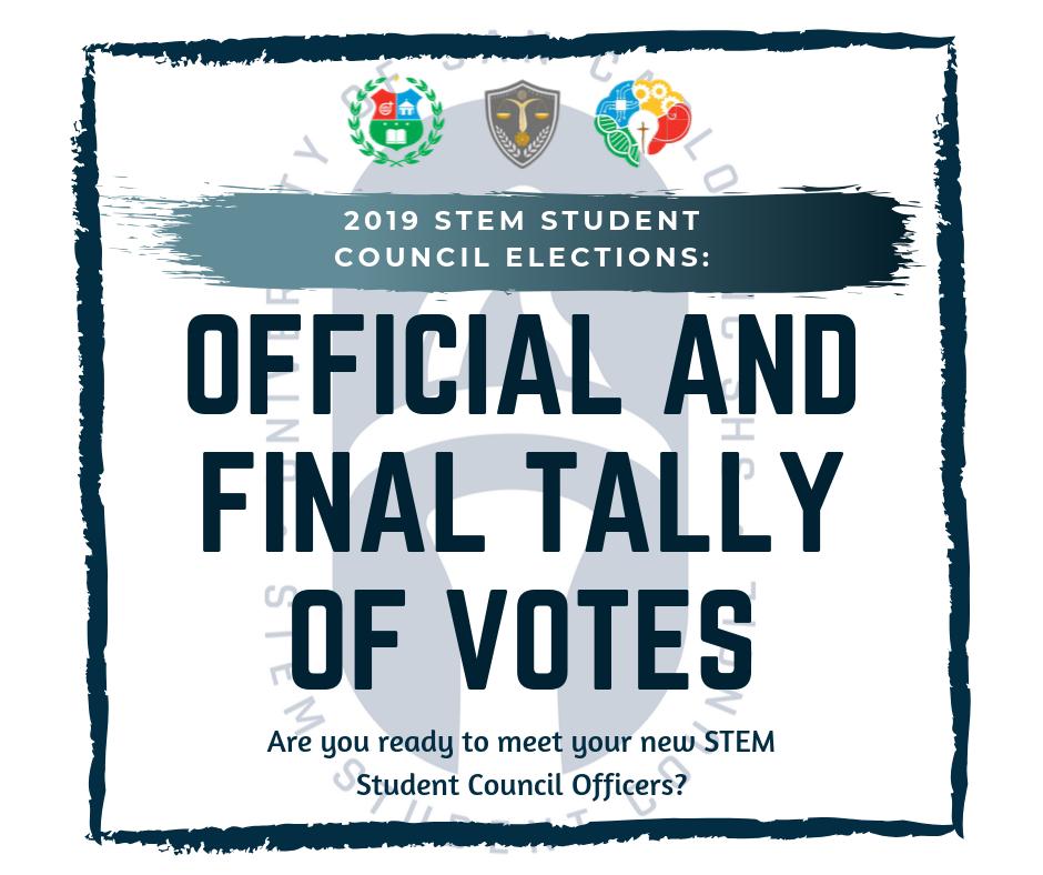 USC_SHSSTEM_JEC's tweet photo. And the votes are finally in!

Ladies and gentlemen, here are the results of yesterday's SSC Elections. Congratulations to our new STEM Student Council Officers! May you serve the student body with integrity and justice.

1/3 https://t.co/8qYbrXhZa1