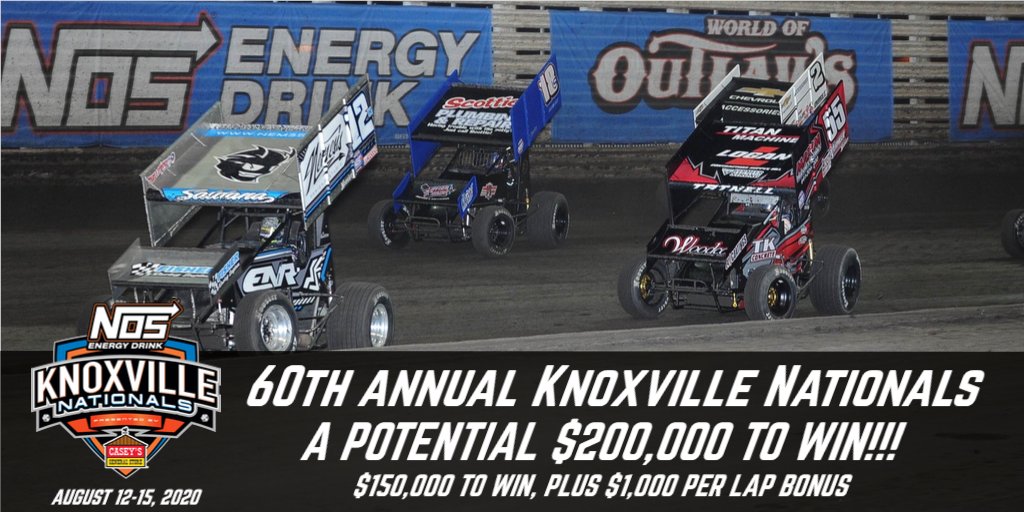 knoxvilleraces's tweet photo. The 2020 60th @NosEnergyDrink
 Knoxville Nationals presented by 
@caseysgenstore will be a potential $200,000 TO WIN!

For the first time, each lap is worth an additional $1,000 to that lap's leader!

If you would like to sponsor a lap, please email kendraj@knoxvilleraceway.com! https://t.co/1aDF8tKYGp