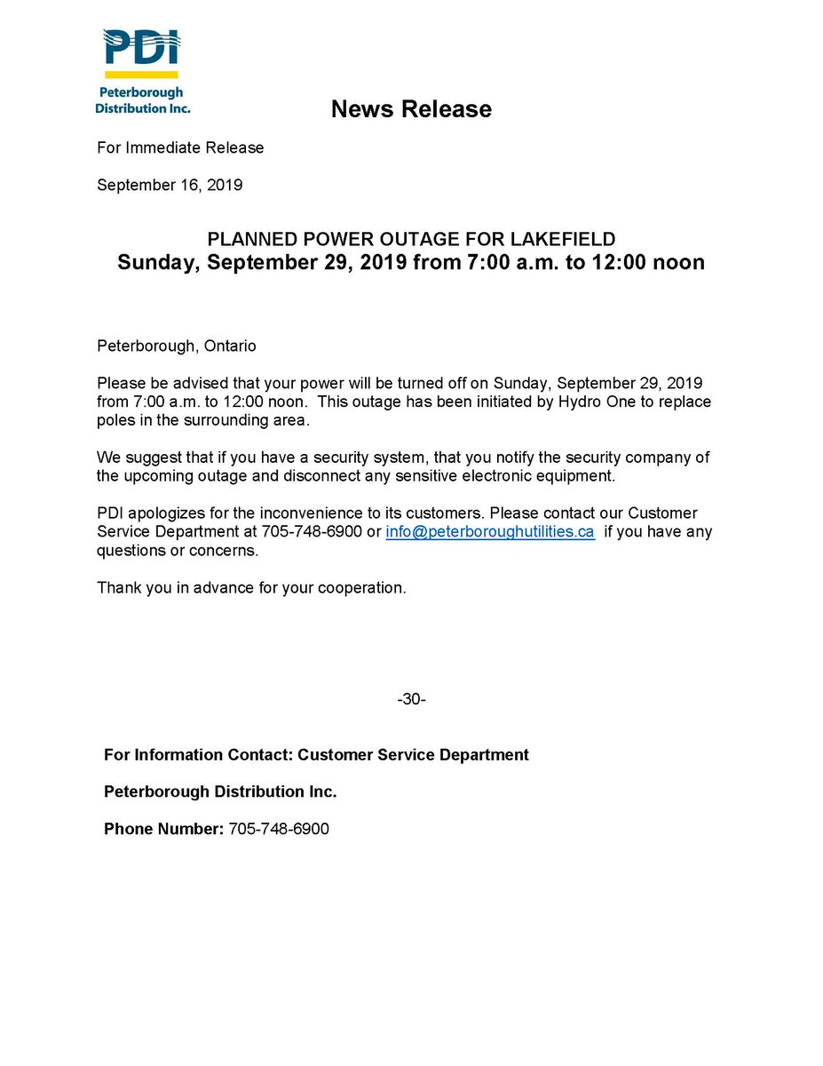 Ptbo Utilities On Twitter Reminder Planned Power Outage For Lakefield Sunday September 29 2019 From 7 00 A M To 12 00 Noon Please See The Attached News Release Sl Https T Co Kvdph6uxhh
