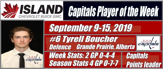 Cowichan Capitals (@cowichancaps) on Twitter photo This week's Island GM Capitals player of the week is defenceman Tyrell Boucher. the 20 year old had 4 assists this weekend, including 3 apples against Chilliwack on Saturday! This week's Island GM Capitals player of the week is defenceman Tyrell Boucher. the 20 year old had 4 assists this weekend, including 3 apples against Chilliwack on Saturday!