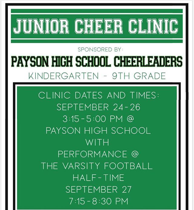 PaysonLions's tweet image. Junior cheer is coming up! To register pay $30 to the finance office (registration includes a t-shirt). If you have any questions contact Marilyn.morgan@nebo.edu