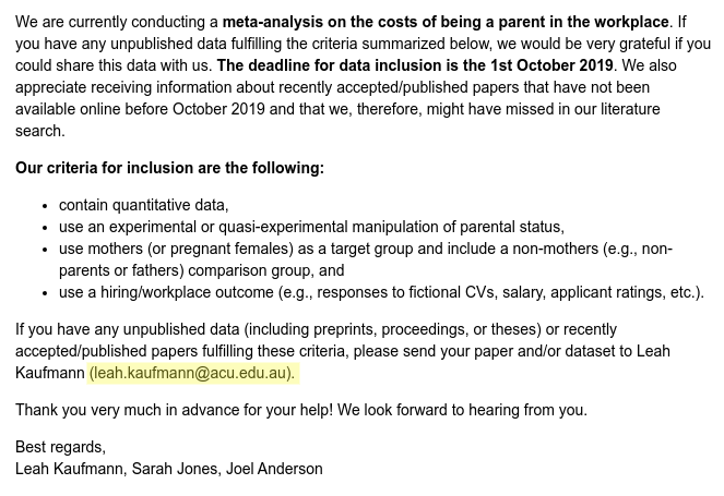 easpinfo's tweet photo. ** Call for unpublished data ** on being a #parent in the workplace! Please RT #metaanalysis #unpublisheddata @joelmelb @JonesPsych https://t.co/WI9eEINIan