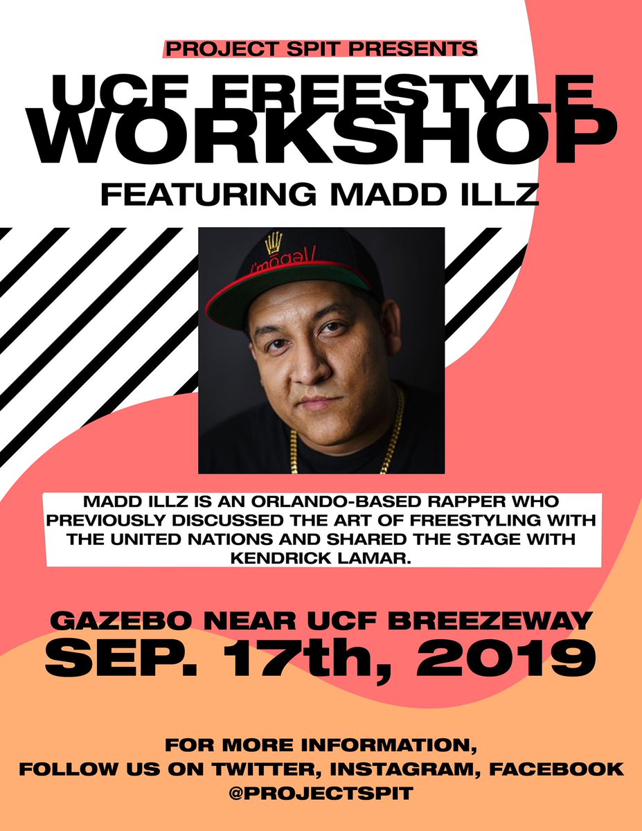 ProjectSPIT's tweet image. EVENING ARTISTS! We got a special guest coming TOMORROW at 5:30 PM for a freestyle workshop: MADD ILLZ! Be sure to bring in the love and the bars! #ucf19 #ucf20 #projectspit #maddillz