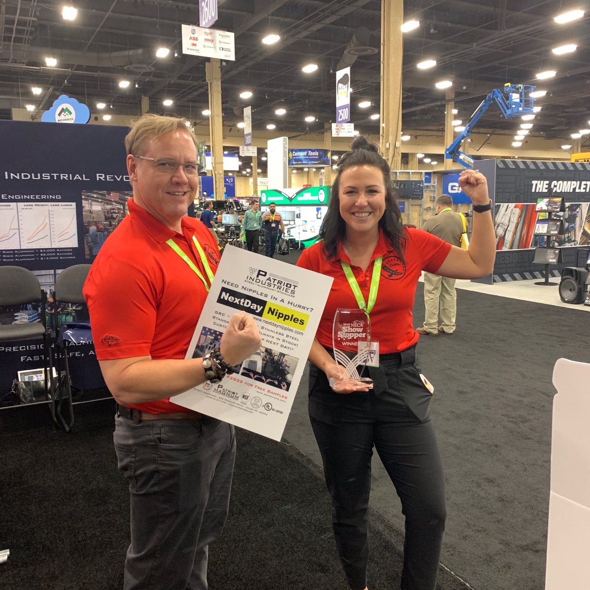 ElectricalNews's tweet photo. Patriot Industries shows off some muscle with a show stopper award for the Next day Nipples.  #patriotindustries Patriot Industries - Steel, Aluminum, Stainless #NECA2019 https://t.co/lqDnhRv7Iy
