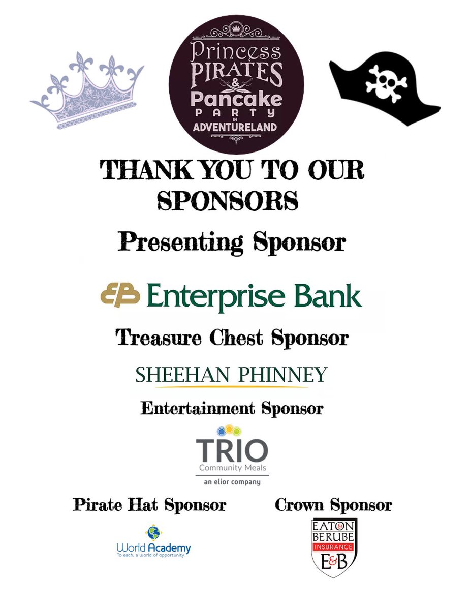 MOW_HC's tweet photo. Thank you to our sponsors of Princess, Pirates and Pancakes Party in Adventureland. This event would not be possible without your generous support! @EnterpriseBanking @Worldacademynh #SheehanPhinney #TrioCommunityMeals #EatonandBerubeInsurance https://t.co/ERyRNa530C