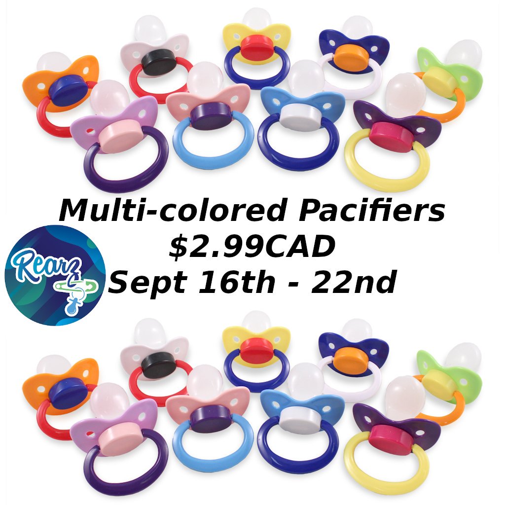 RearzInc's tweet photo. Multi-colored pacifiers on sale for only $2.99CAD!

https://t.co/DjEBlR4m9p

#rearz #rearzinc #rearzpacifiers #adultpacifiers #adultbaby #diaperlife #nukpacifier #binky #adultbinky #nuk #paci #adultbabies #abdl #ddlg #daddydom #ddlgprincess #littlespace #abdlboy #abdlgirl #mdlg https://t.co/uTFR5gZILm